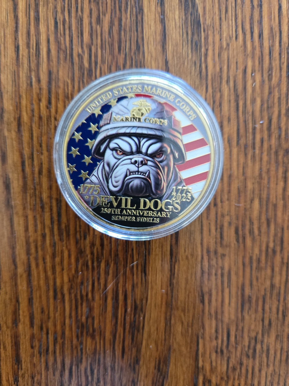 Devil Dogs 250th Anniversary Challenge Coin - Bulldog with American Flag
